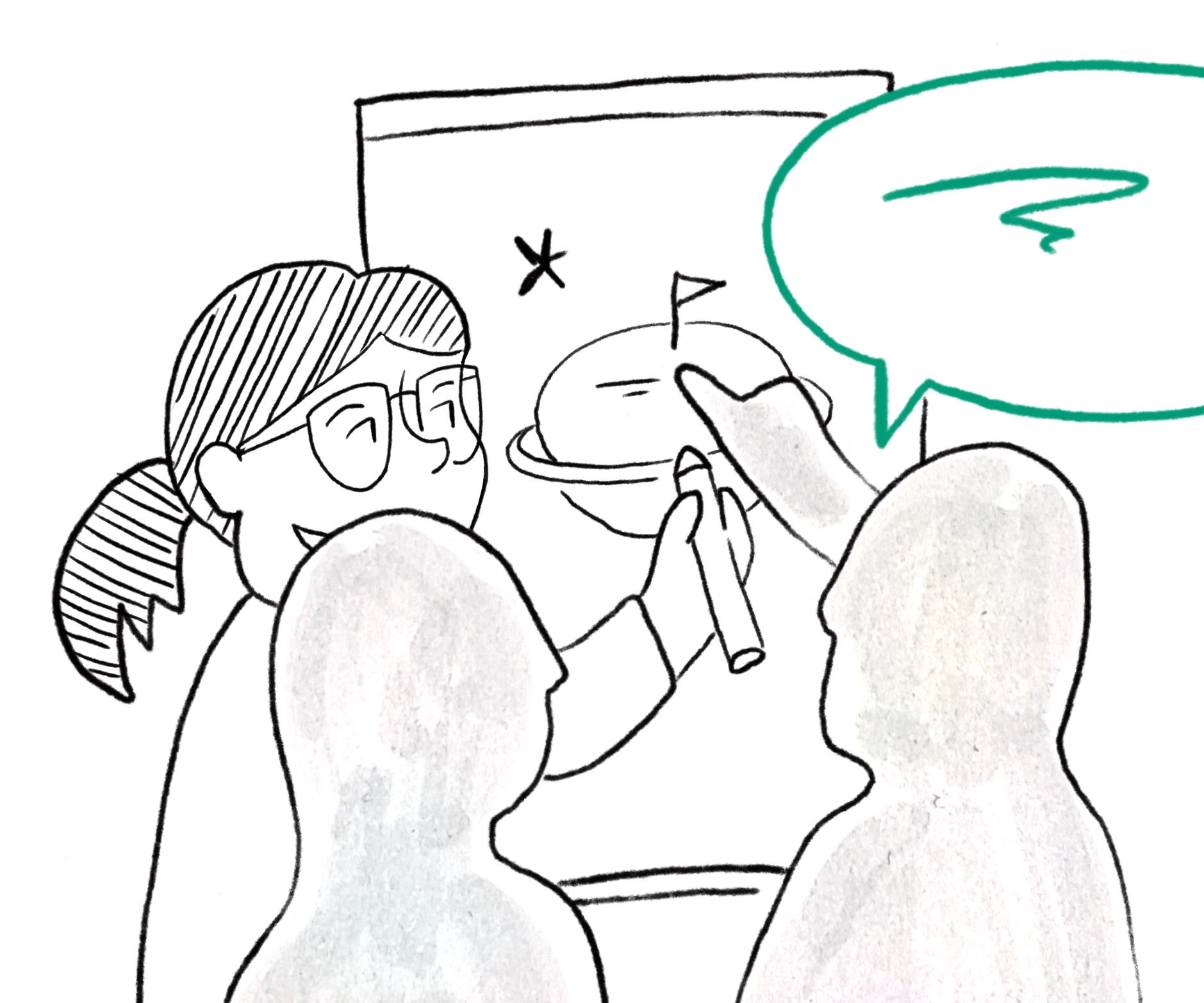 Strategiebild Format B – Struktur sichtbar machen - gezeichnete, zeichnende Katrin an Flipchart mit Personen, die auf die Zeichnung zeigen und Sprechblase